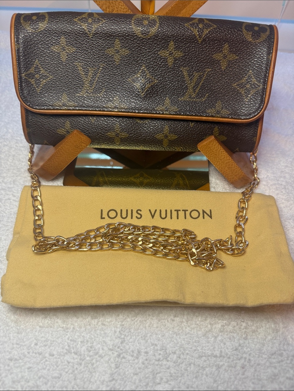 Louis Vuitton Monogram Pochette Twin PM Crossbody in Brown with Gold chain